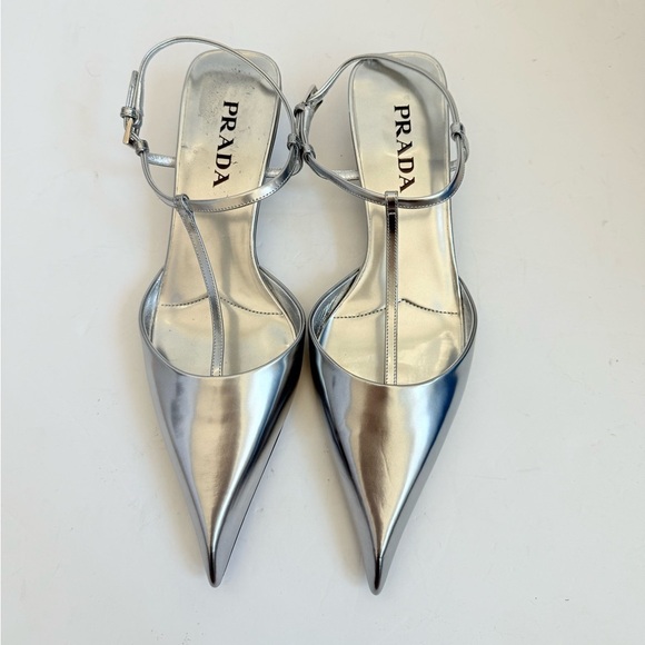Prada Metallic Grey leather Modellerie Pointed Toe Kitten Heel Pump EU 39.5 - Picture 4 of 12